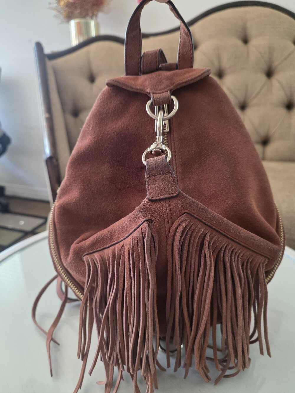 $348 Rebecca Minkoff Julian Fringe Backpack Brown Suede Concert Boho - Picture 12 of 15